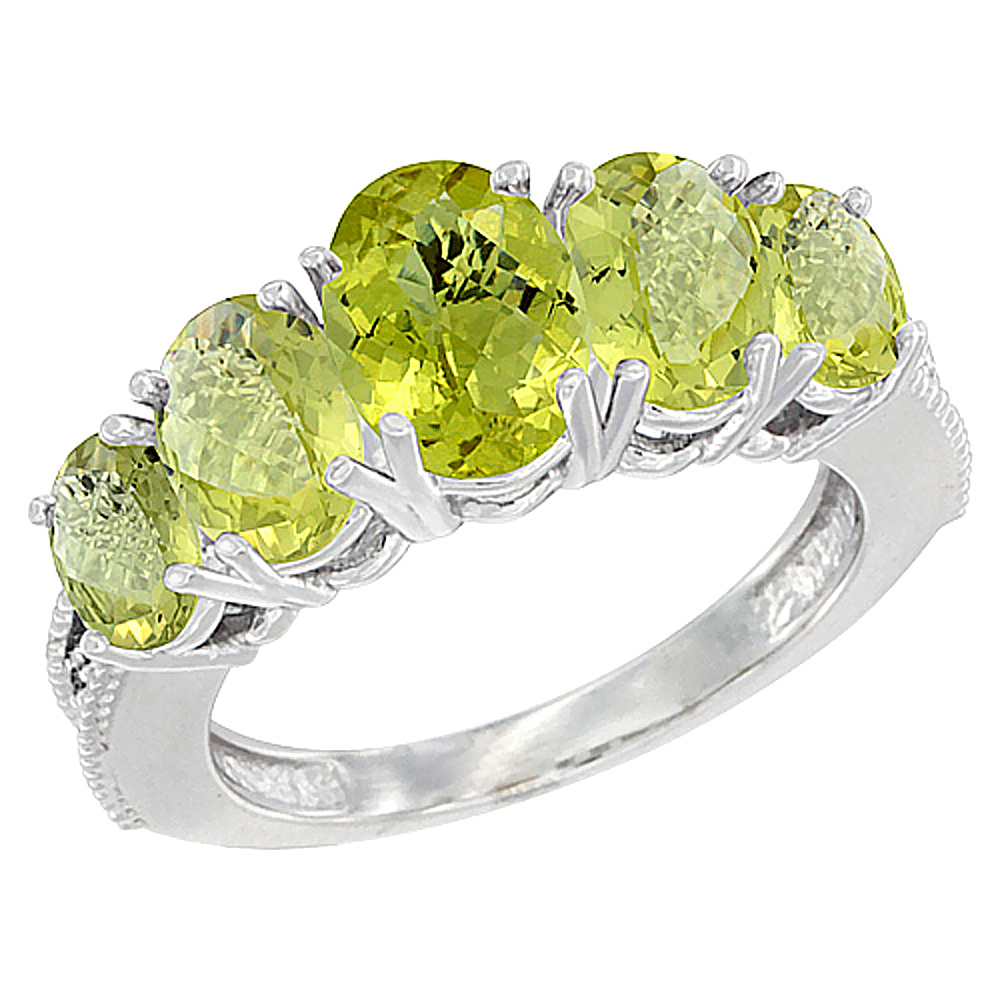 Sabrina Silver 10K White Gold Diamond Natural Lemon Quartz Ring 5-stone Oval 8x6 Ctr,7x5,6x4 sides, sizes 5 - 10