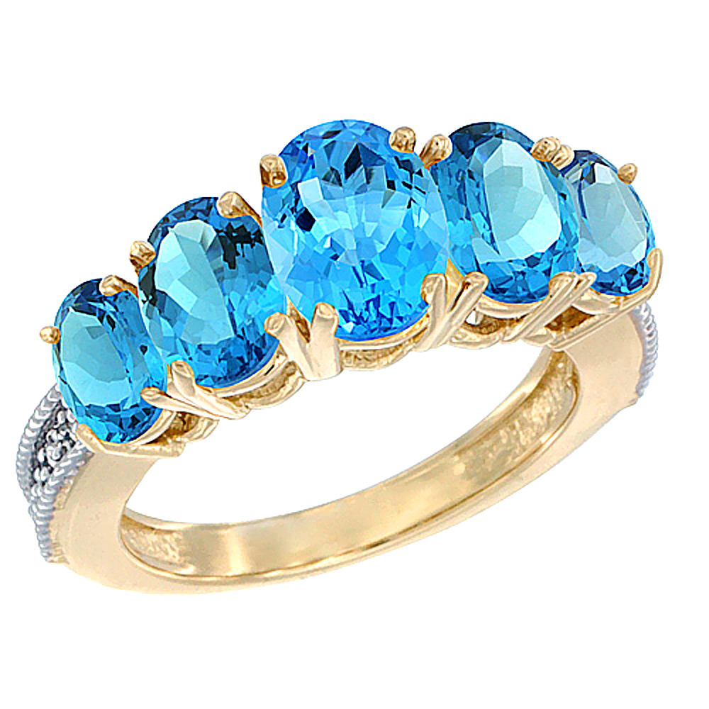 Sabrina Silver 10K Yellow Gold Diamond Natural Swiss Blue Topaz Ring 5-stone Oval 8x6 Ctr,7x5,6x4 sides, sizes 5 - 10