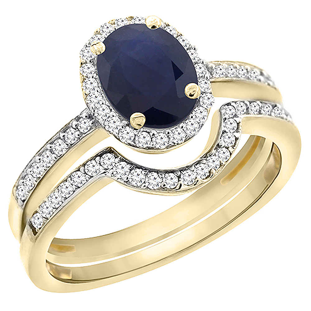Sabrina Silver 10K Yellow Gold Diamond Natural Quality Blue Sapphire 2-Pc. Engagement Ring Set Oval 8x6 mm, size5-10