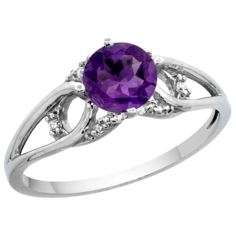 Sabrina Silver 14k White Gold Diamond Natural Amethyst Engagement Ring Round 6 mm, sizes 5 - 10