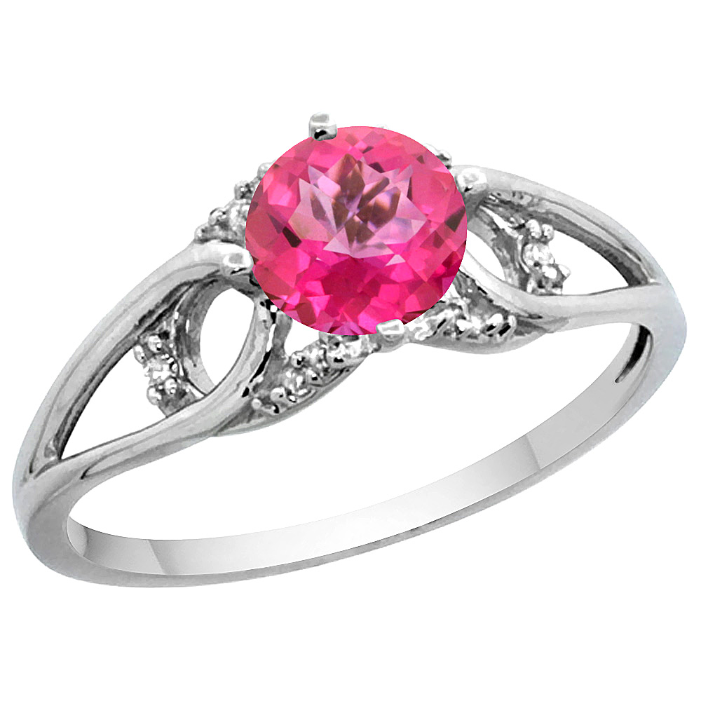 Sabrina Silver 14k White Gold Diamond Natural Pink Topaz Engagement Ring Round 6 mm, sizes 5 - 10