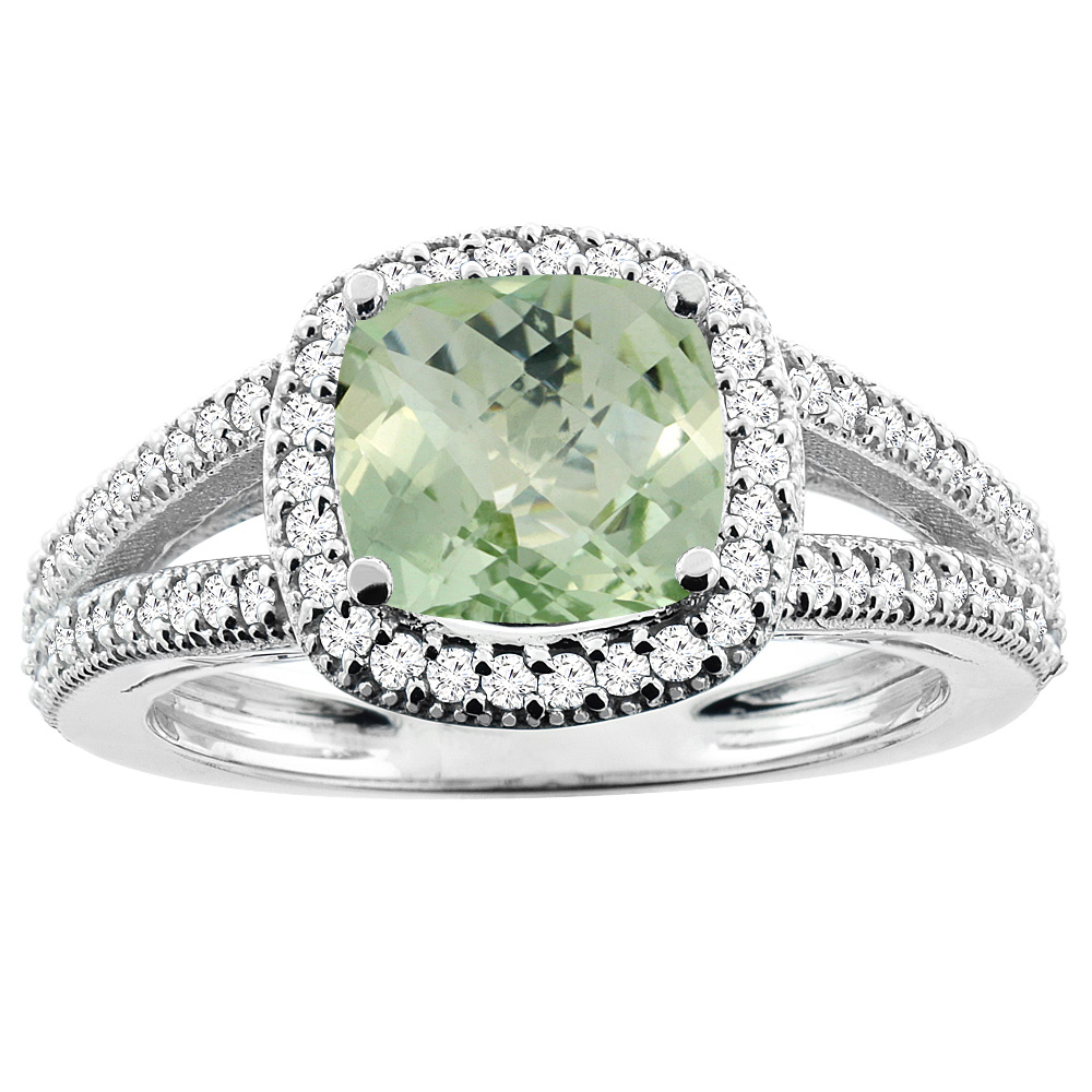 Sabrina Silver 14K White Gold Natural Green Amethyst Ring Cushion 7x7mm Diamond Accent 3/8 inch wide, sizes 5 - 10