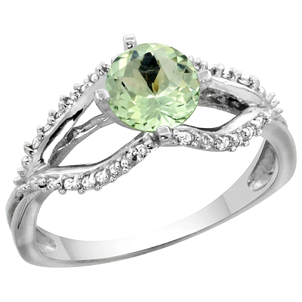 Sabrina Silver 14k White Gold Natural Green Amethyst Ring Diamond Accents, 5/16 inch wide, sizes 5 - 10