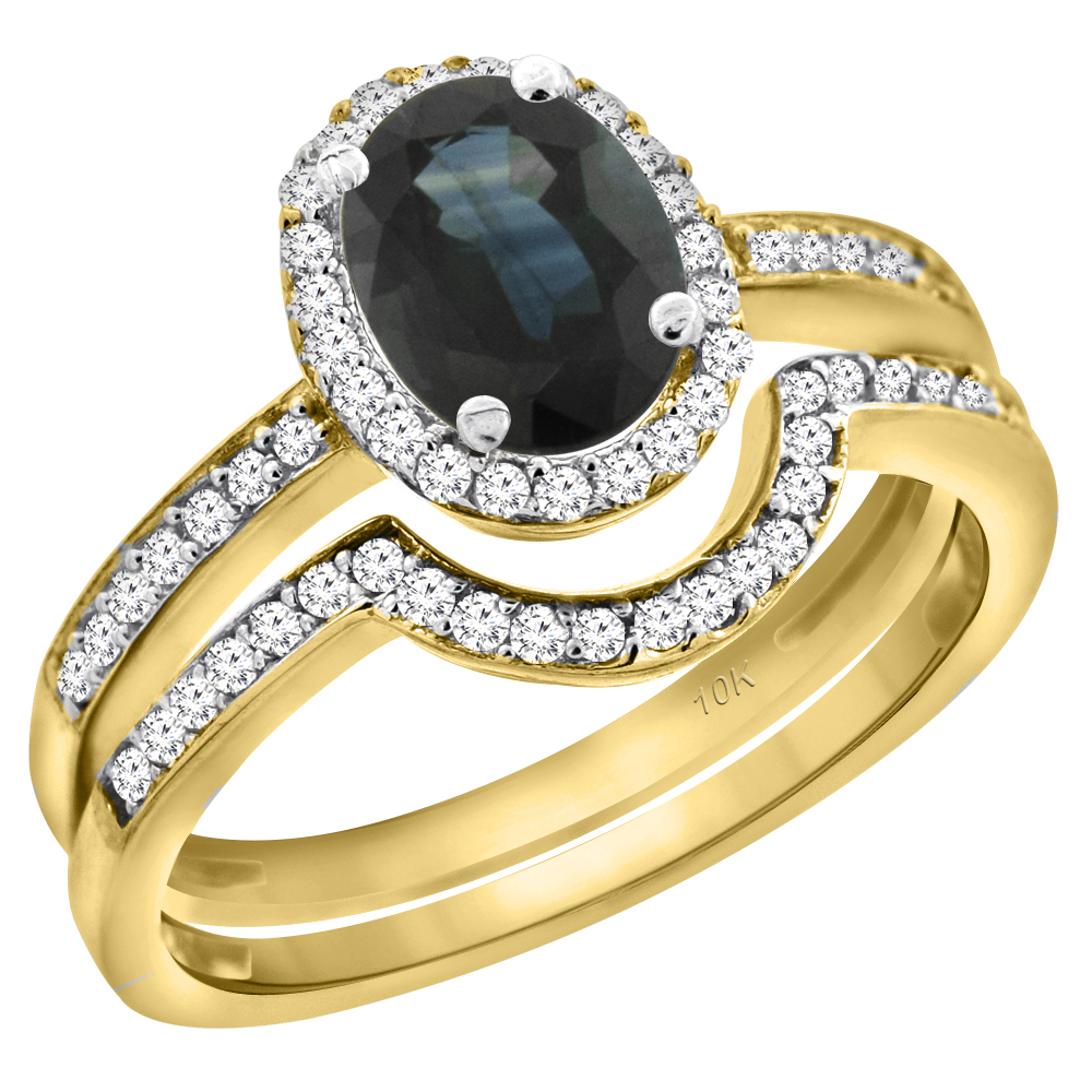 Sabrina Silver 14K Yellow Gold Diamond Natural Australian Sapphire 2-Pc. Engagement Ring Set Oval 8x6 mm, sizes 5 - 10