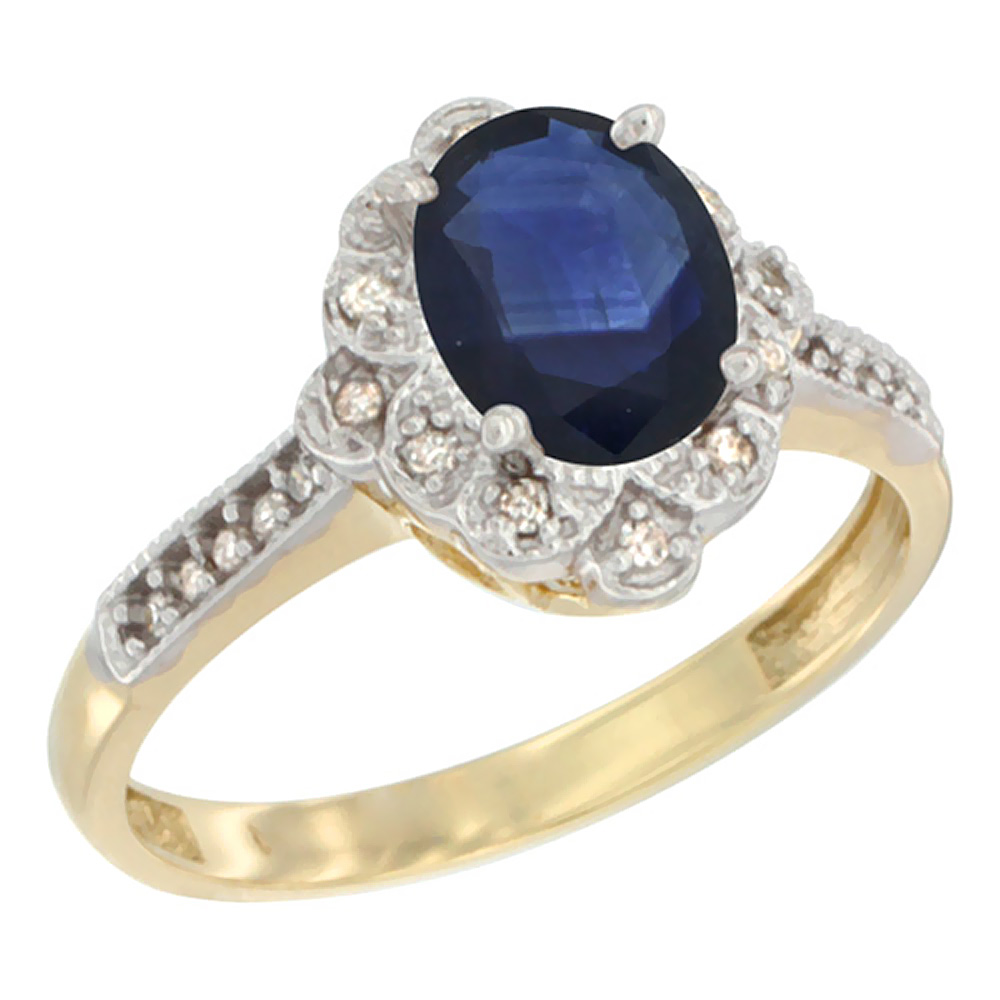 Sabrina Silver 14K Yellow Gold Diamond Floral Halo Natural Quality Blue Sapphire Engagement Ring Oval 8x6 mm, size 5-10