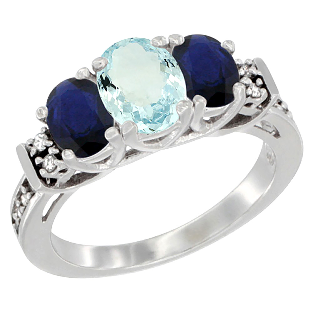 Sabrina Silver 10K White Gold Natural Aquamarine & Blue Sapphire Ring 3-Stone Oval Diamond Accent