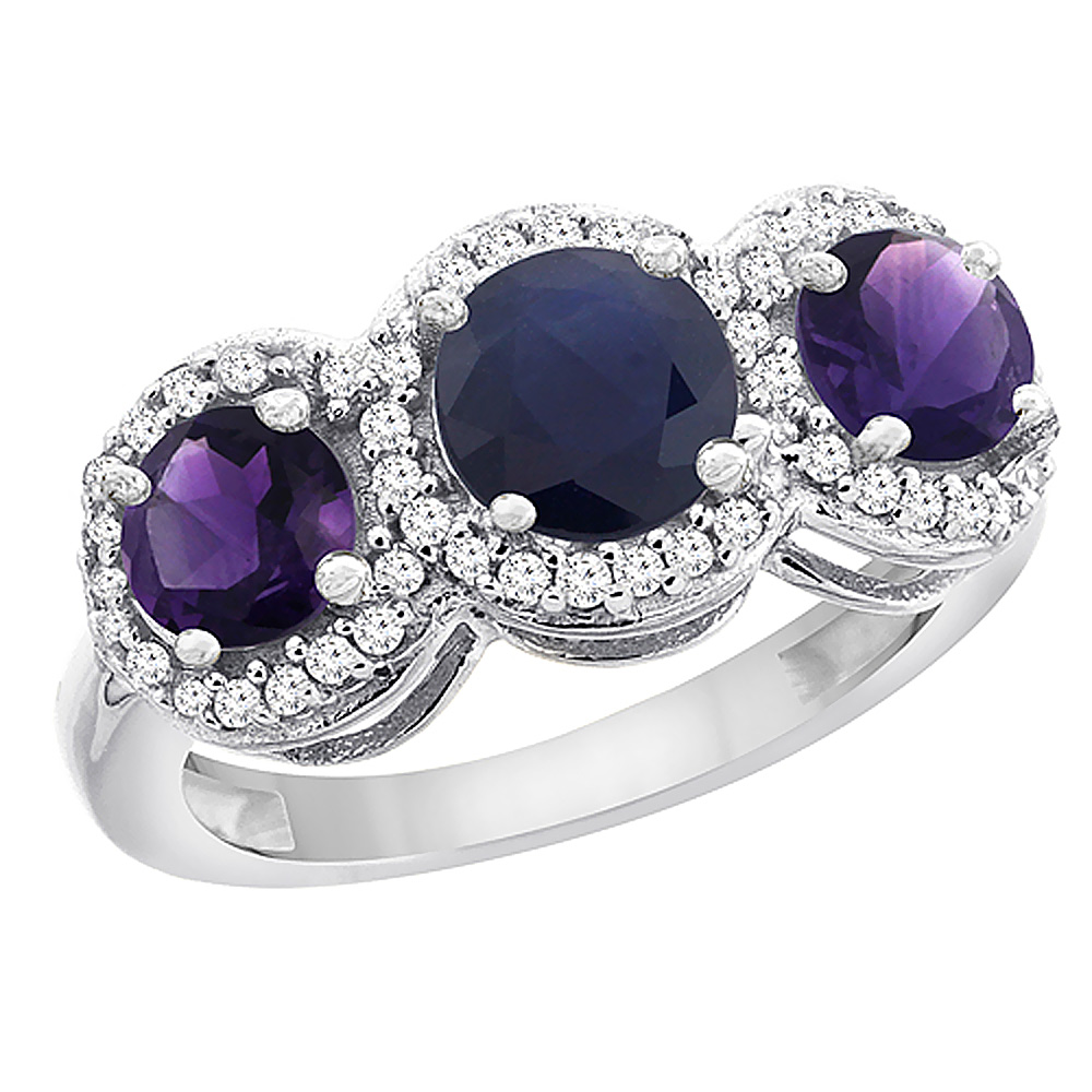 Sabrina Silver 10K White Gold Natural High Quality Blue Sapphire & Amethyst Sides Round 3-stone Ring Diamond Accents, sizes 5 - 10