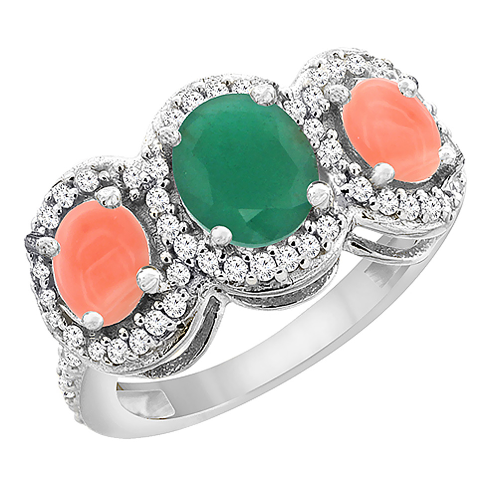 Sabrina Silver 10K White Gold Natural Quality Emerald & Coral 3-stone Mothers Ring Oval Diamond Accent, size 5 - 10