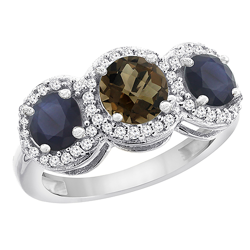 Sabrina Silver 10K White Gold Natural Smoky Topaz & High Quality Blue Sapphire Sides Round 3-stone Ring Diamond Accents, sizes 5 - 10