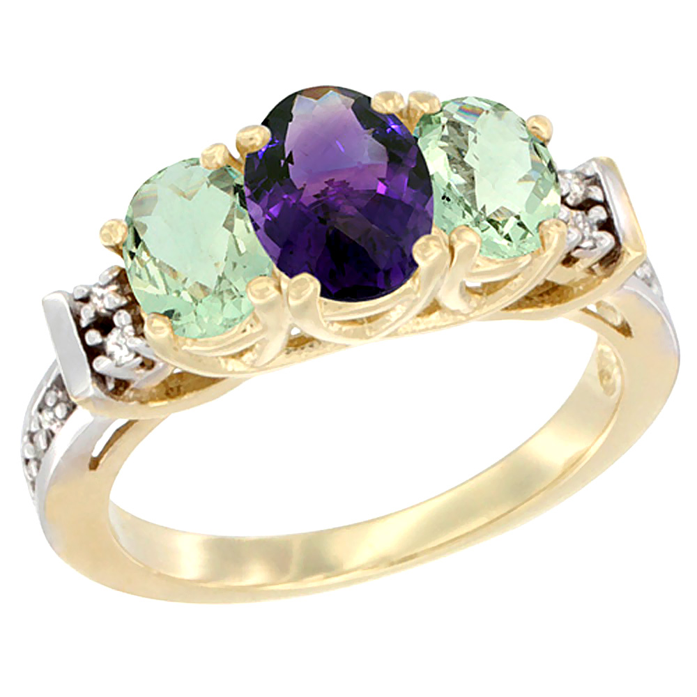 Sabrina Silver 10K Yellow Gold Natural Amethyst & Green Amethyst Ring 3-Stone Oval Diamond Accent