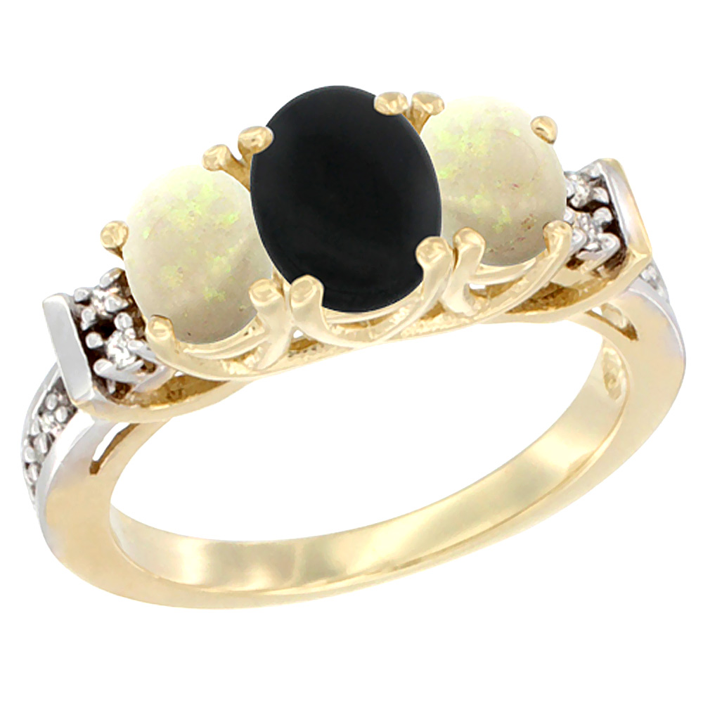 Sabrina Silver 10K Yellow Gold Natural Black Onyx & Opal Ring 3-Stone Oval Diamond Accent