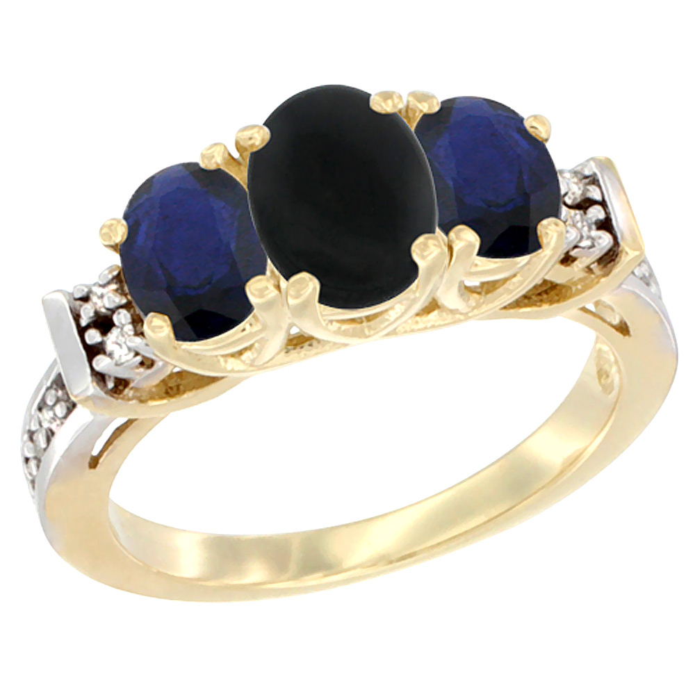 Sabrina Silver 10K Yellow Gold Natural Black Onyx & High Quality Blue Sapphire Ring 3-Stone Oval Diamond Accent
