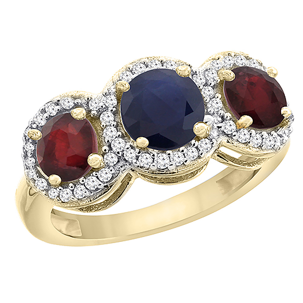 Sabrina Silver 10K Yellow Gold Natural High Quality Blue Sapphire & Enhanced Ruby Sides Round 3-stone Ring Diamond Accents, sizes 5 - 10