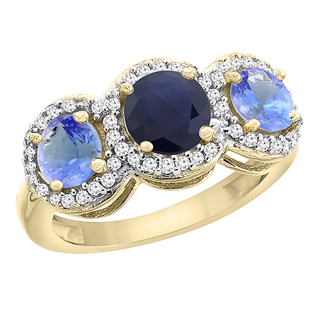 Sabrina Silver 10K Yellow Gold Natural High Quality Blue Sapphire & Tanzanite Sides Round 3-stone Ring Diamond Accents, sizes 5 - 10