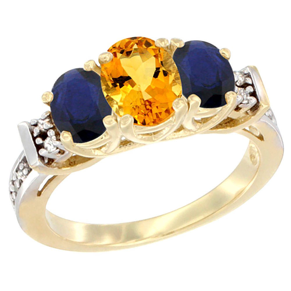 Sabrina Silver 10K Yellow Gold Natural Citrine & High Quality Blue Sapphire Ring 3-Stone Oval Diamond Accent