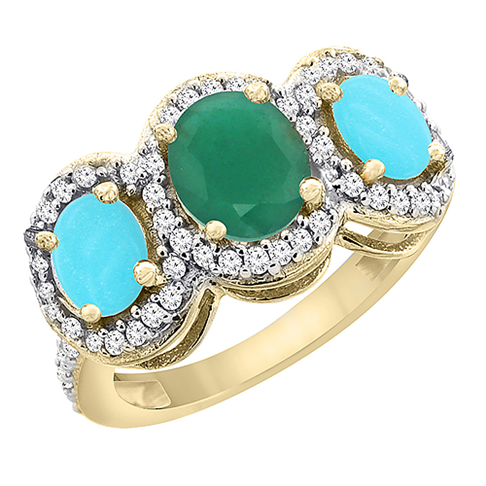 Sabrina Silver 10K Yellow Gold Natural Quality Emerald & Turquoise 3-stone Mothers Ring Oval Diamond Accent, size 5 - 10
