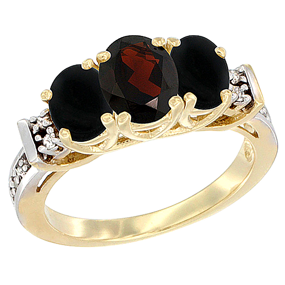 Sabrina Silver 10K Yellow Gold Natural Garnet & Black Onyx Ring 3-Stone Oval Diamond Accent