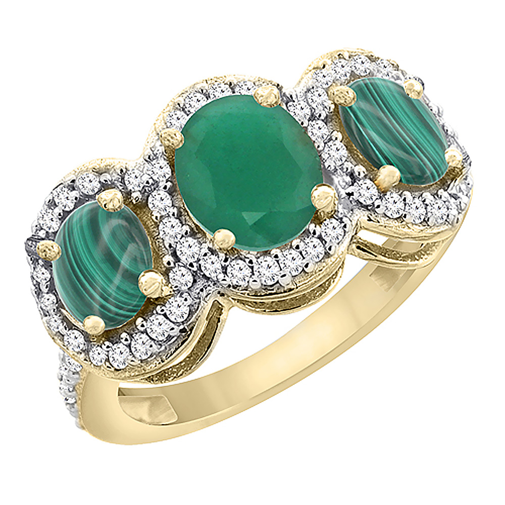 Sabrina Silver 10K Yellow Gold Natural Quality Emerald & Malachite 3-stone Mothers Ring Oval Diamond Accent, size 5 - 10