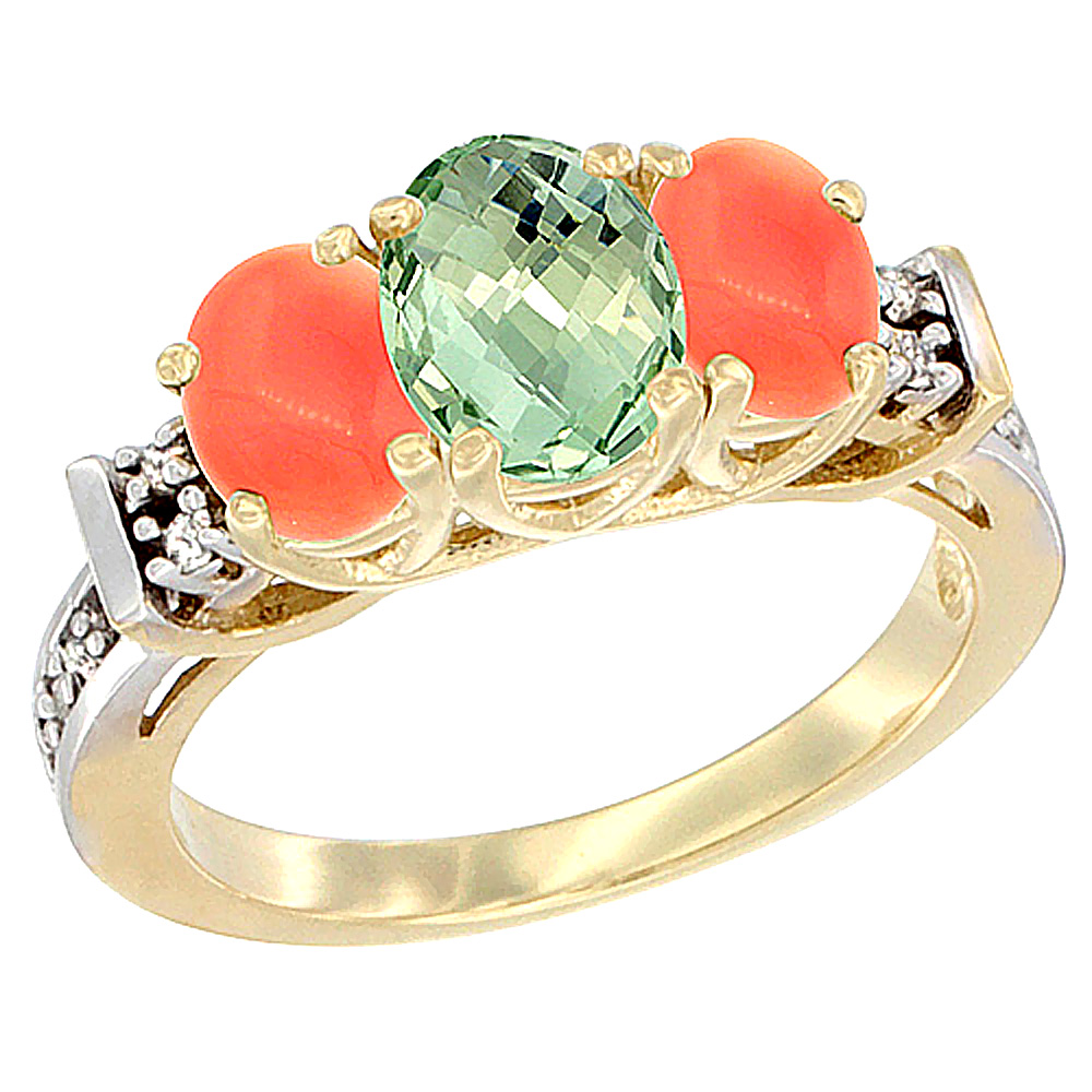 Sabrina Silver 10K Yellow Gold Natural Green Amethyst & Coral Ring 3-Stone Oval Diamond Accent