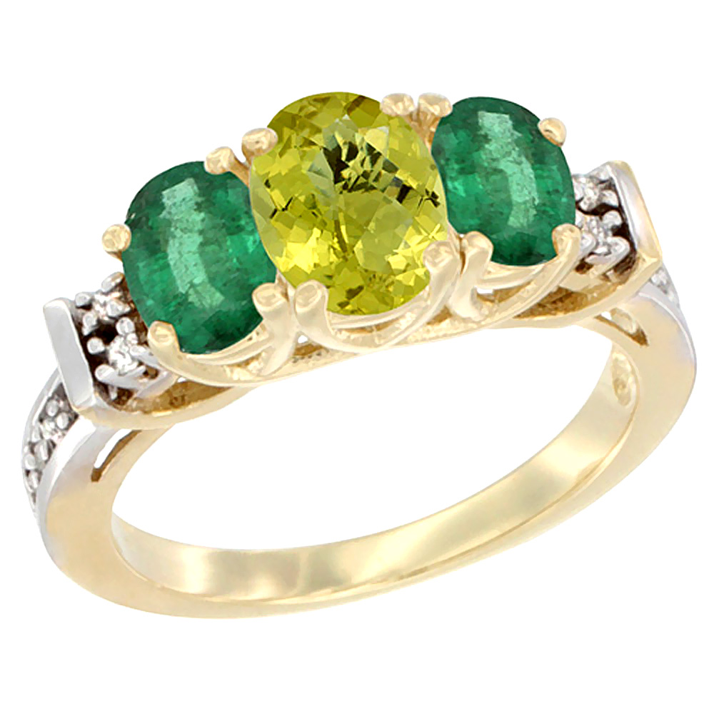 Sabrina Silver 10K Yellow Gold Natural Lemon Quartz & Emerald Ring 3-Stone Oval Diamond Accent