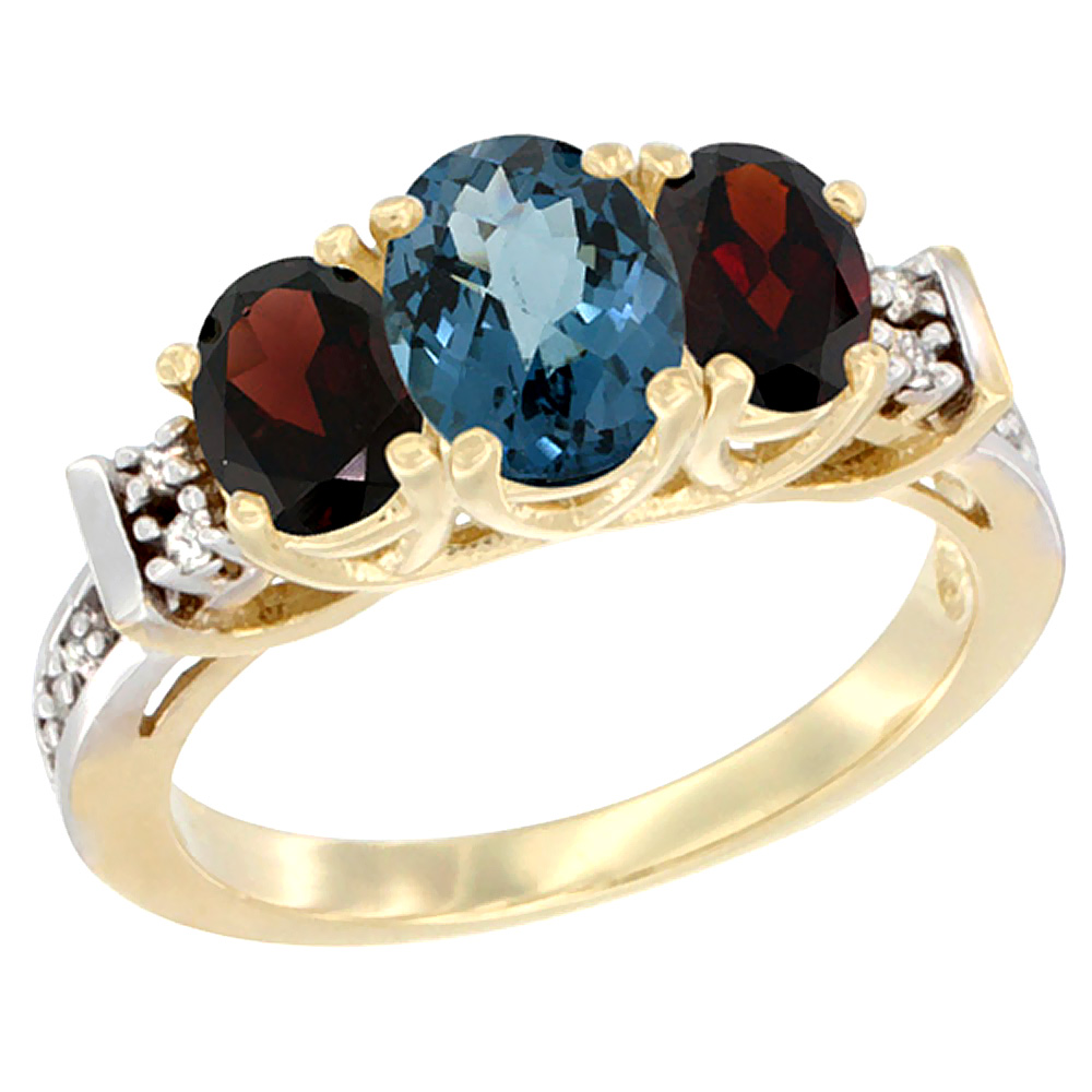 Sabrina Silver 10K Yellow Gold Natural London Blue Topaz & Garnet Ring 3-Stone Oval Diamond Accent