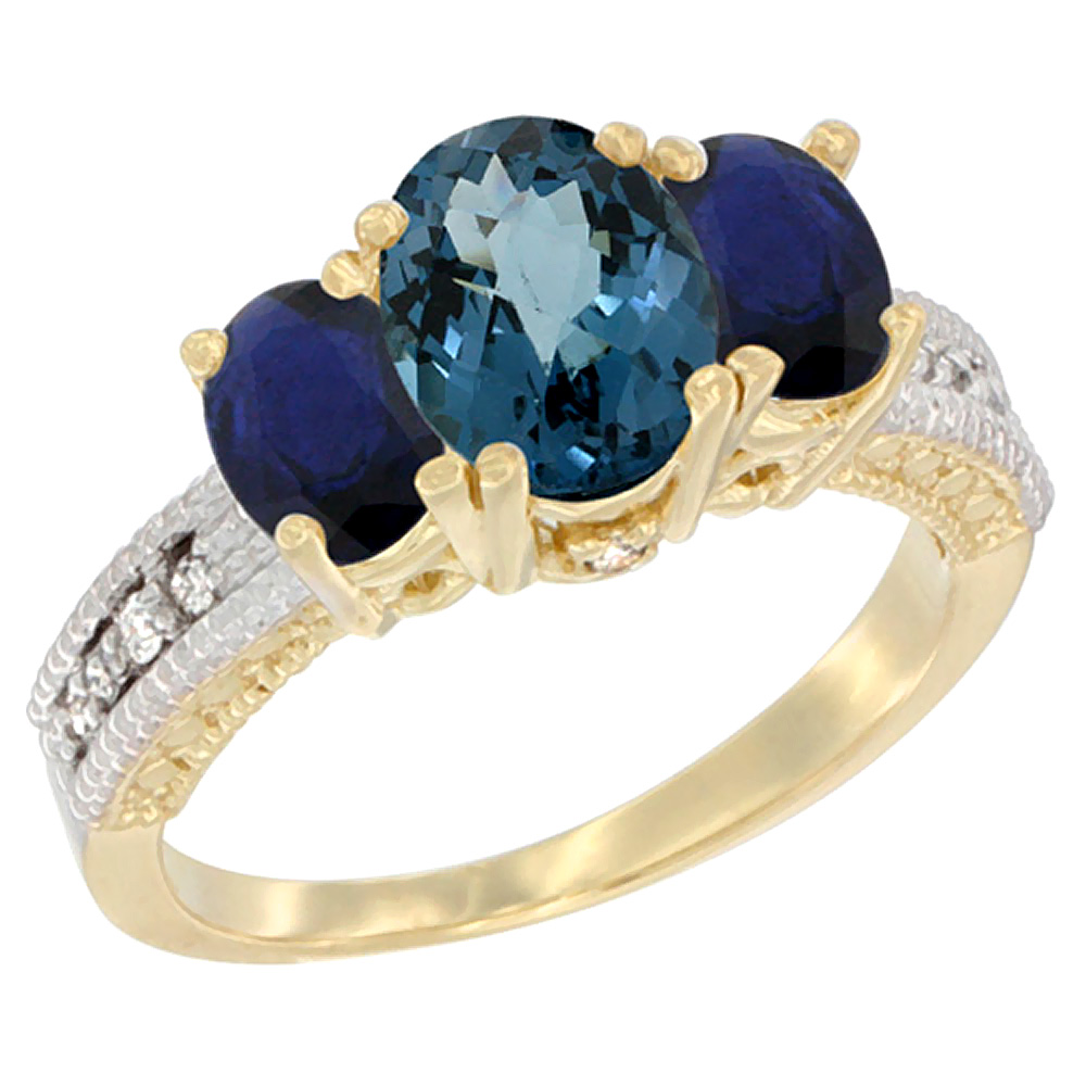 Sabrina Silver 10K Yellow Gold Ladies Oval Natural London Blue Topaz Ring 3-stone with Blue Sapphire Sides Diamond Accent