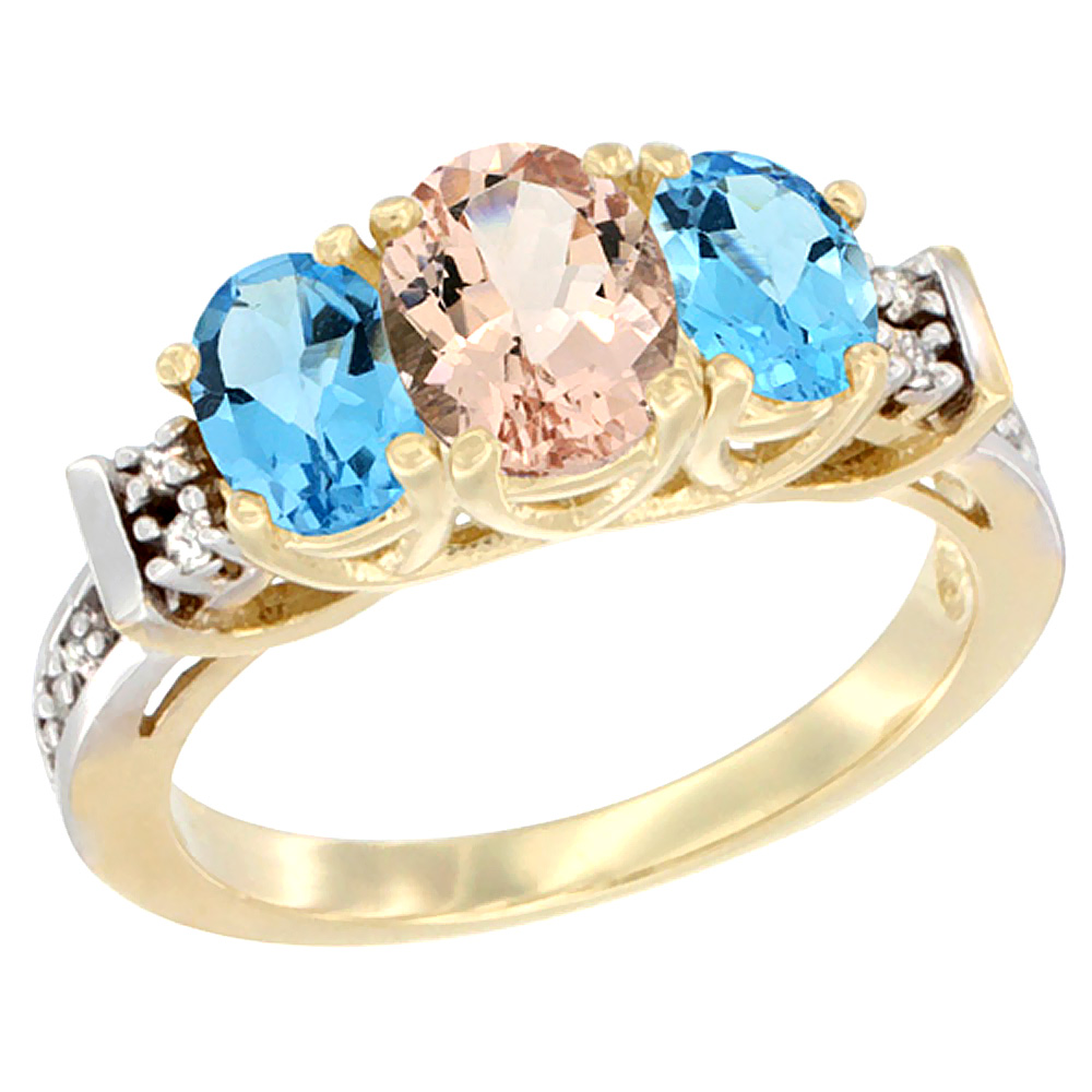 Sabrina Silver 10K Yellow Gold Natural Morganite & Swiss Blue Topaz Ring 3-Stone Oval Diamond Accent