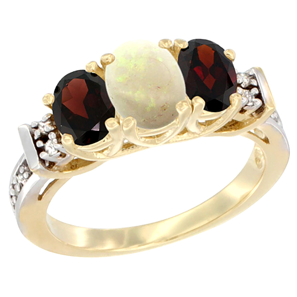 Sabrina Silver 10K Yellow Gold Natural Opal & Garnet Ring 3-Stone Oval Diamond Accent