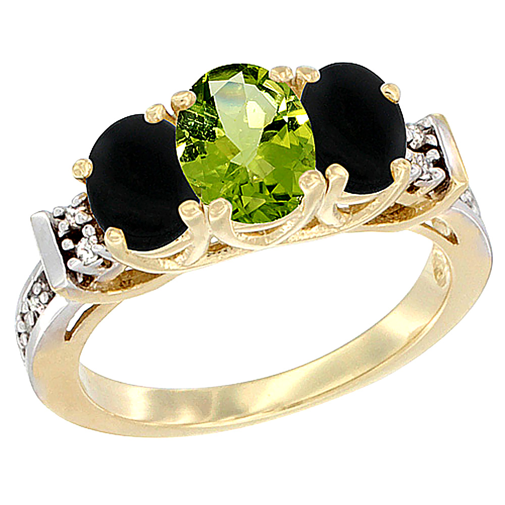 Sabrina Silver 10K Yellow Gold Natural Peridot & Black Onyx Ring 3-Stone Oval Diamond Accent