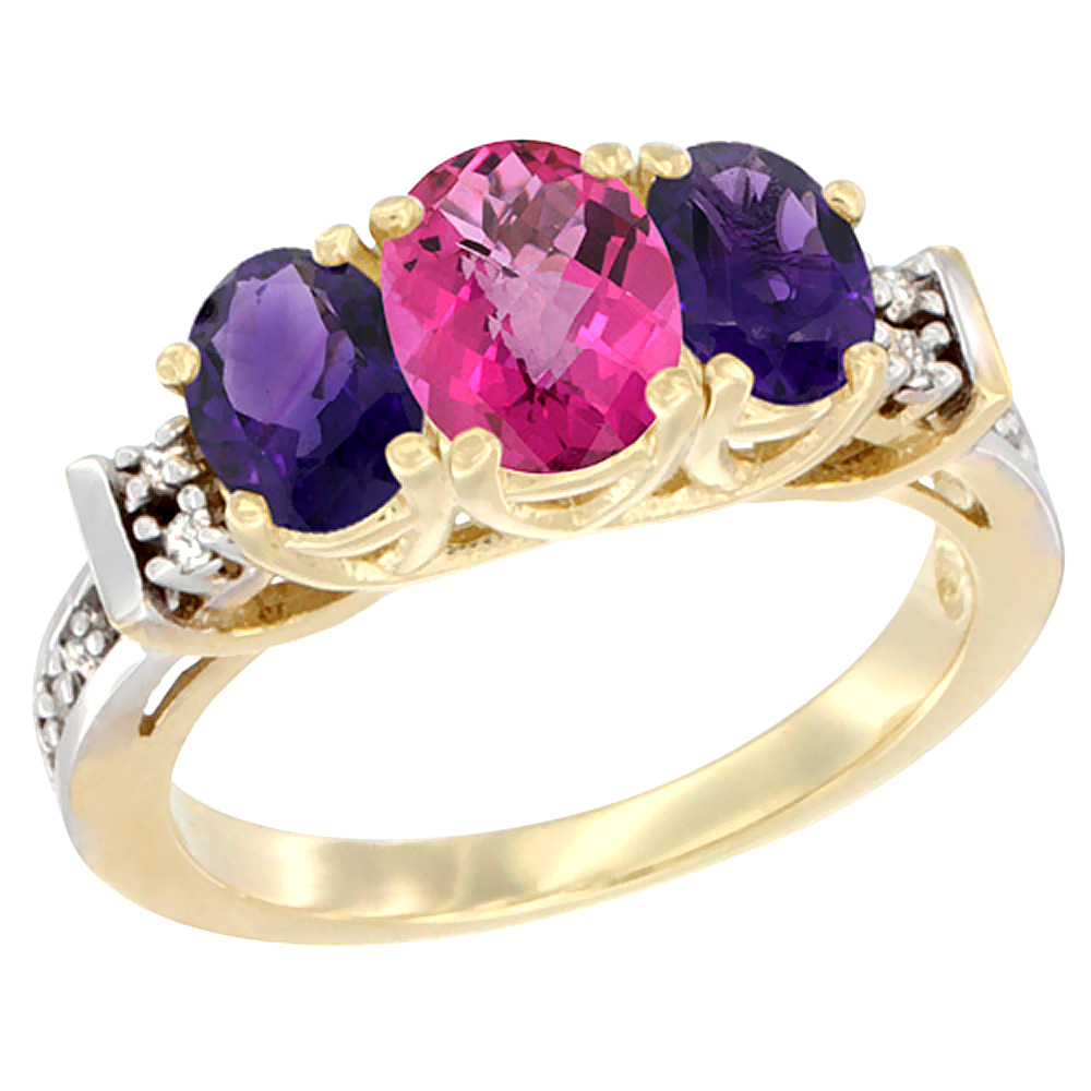 Sabrina Silver 10K Yellow Gold Natural Pink Topaz & Amethyst Ring 3-Stone Oval Diamond Accent