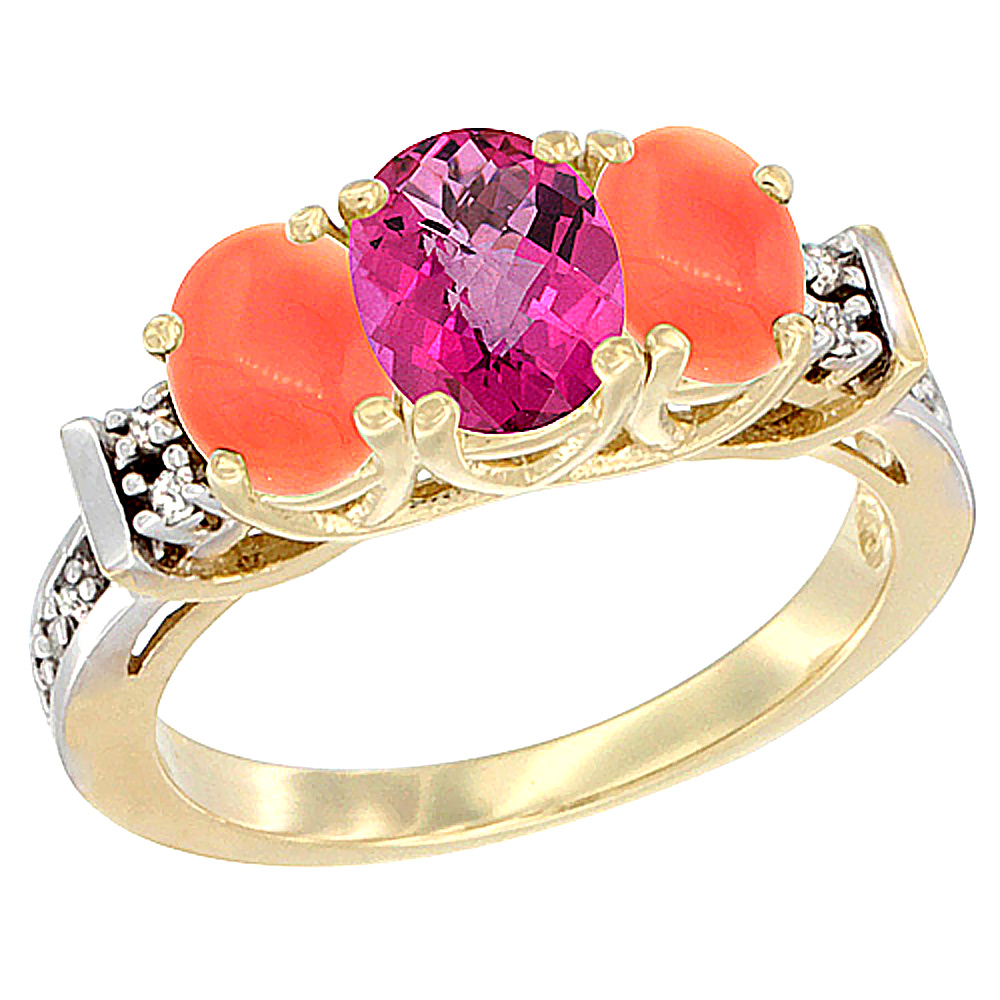 Sabrina Silver 10K Yellow Gold Natural Pink Topaz & Coral Ring 3-Stone Oval Diamond Accent
