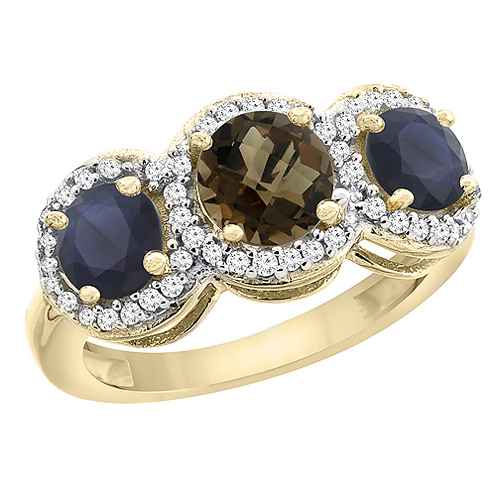 Sabrina Silver 10K Yellow Gold Natural Smoky Topaz & High Quality Blue Sapphire Sides Round 3-stone Ring Diamond Accents, sizes 5 - 10