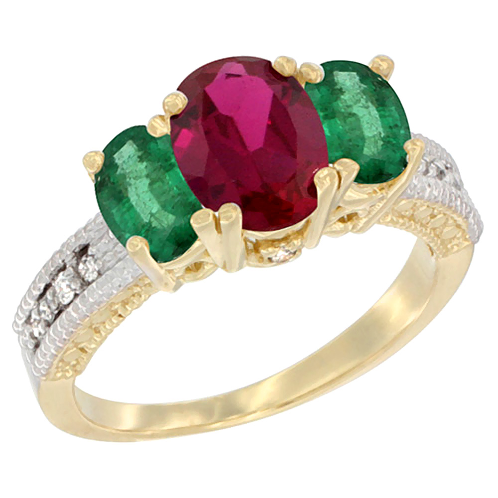 Sabrina Silver 10K Yellow Gold Diamond Quality Ruby 7x5mm & 6x4mm Quality Emerald Oval 3-stone Mothers Ring,size 5 - 10