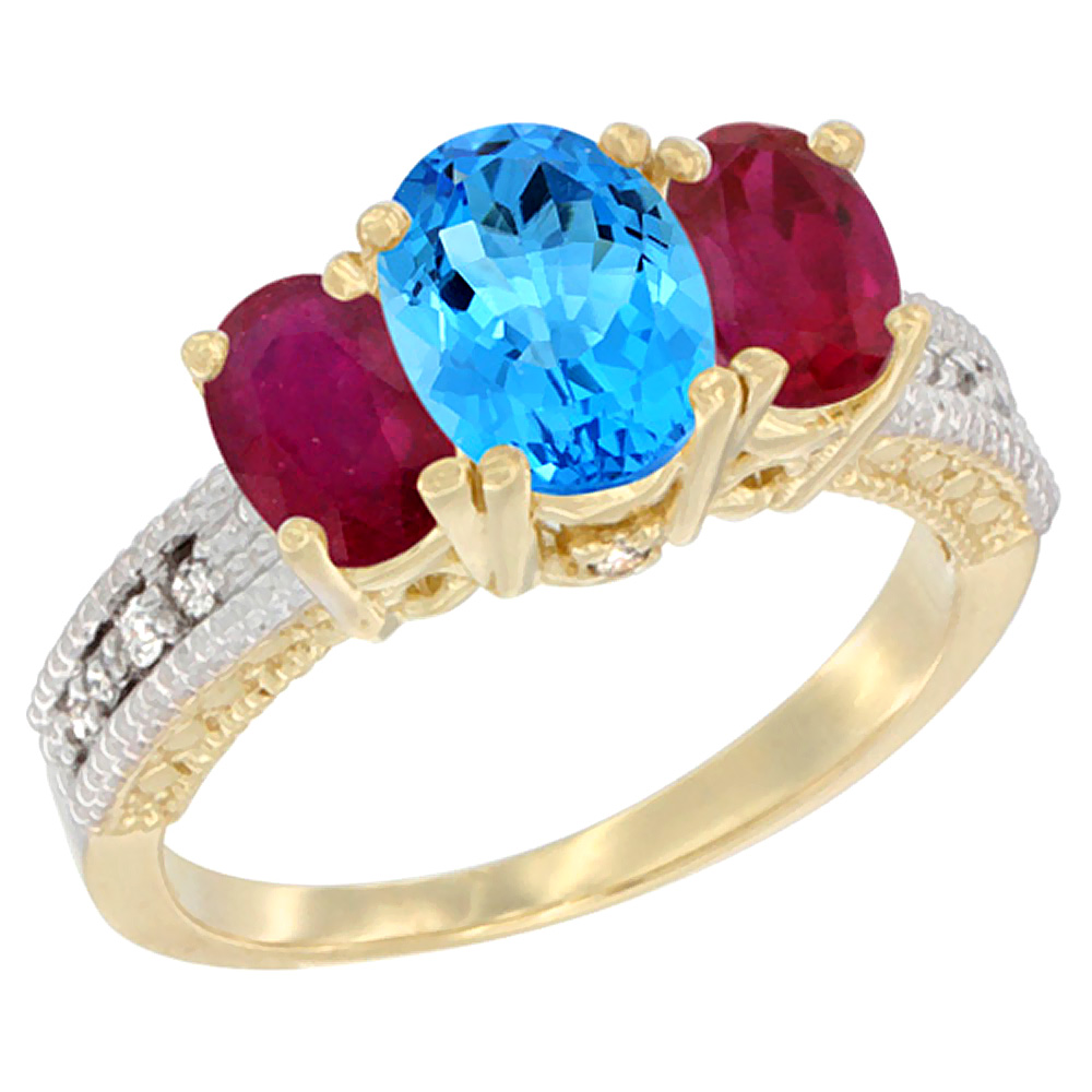 Sabrina Silver 10K Yellow Gold Diamond Natural Swiss Blue Topaz Ring Oval 3-stone with Enhanced Ruby, sizes 5 - 10