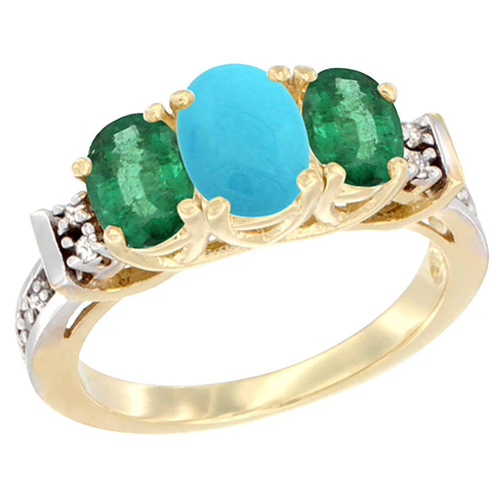 Sabrina Silver 10K Yellow Gold Natural Turquoise & Emerald Ring 3-Stone Oval Diamond Accent