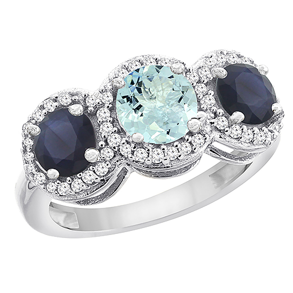 Sabrina Silver 14K White Gold Natural Aquamarine & High Quality Blue Sapphire Sides Round 3-stone Ring Diamond Accents, sizes 5 - 10