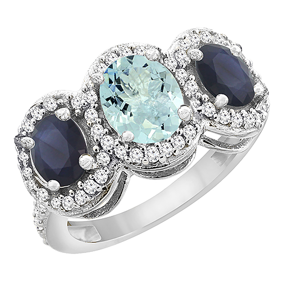 Sabrina Silver 14K White Gold Natural Aquamarine & Quality Blue Sapphire 3-stone Mothers Ring Oval Diamond Accent,sz5-10