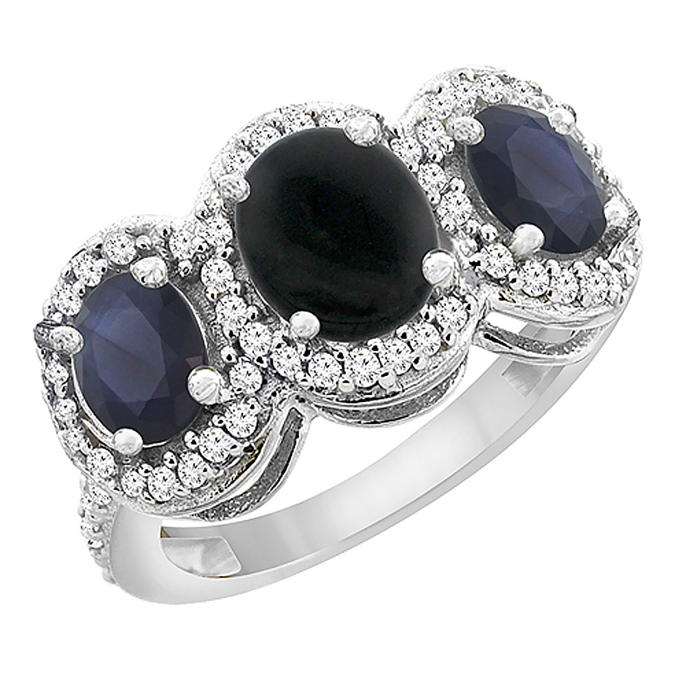 Sabrina Silver 14K White Gold Natural Black Onyx & Quality Blue Sapphire 3-stone Mothers Ring Oval Diamond Accent,sz5-10