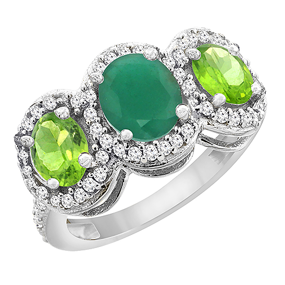 Sabrina Silver 14K White Gold Natural Quality Emerald & Peridot 3-stone Mothers Ring Oval Diamond Accent, size 5 - 10
