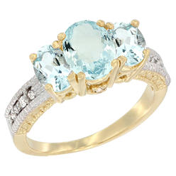 Sabrina Silver 14K Yellow Gold Diamond Natural Aquamarine Ring Oval 3-stone with Aquamarine, sizes 5 - 10