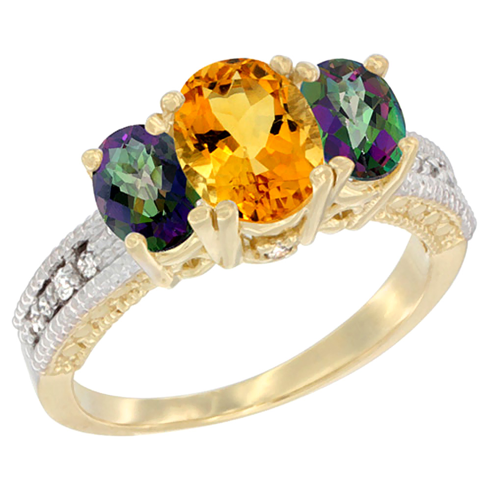 Sabrina Silver 14K Yellow Gold Diamond Natural Citrine Ring Oval 3-stone with Mystic Topaz, sizes 5 - 10