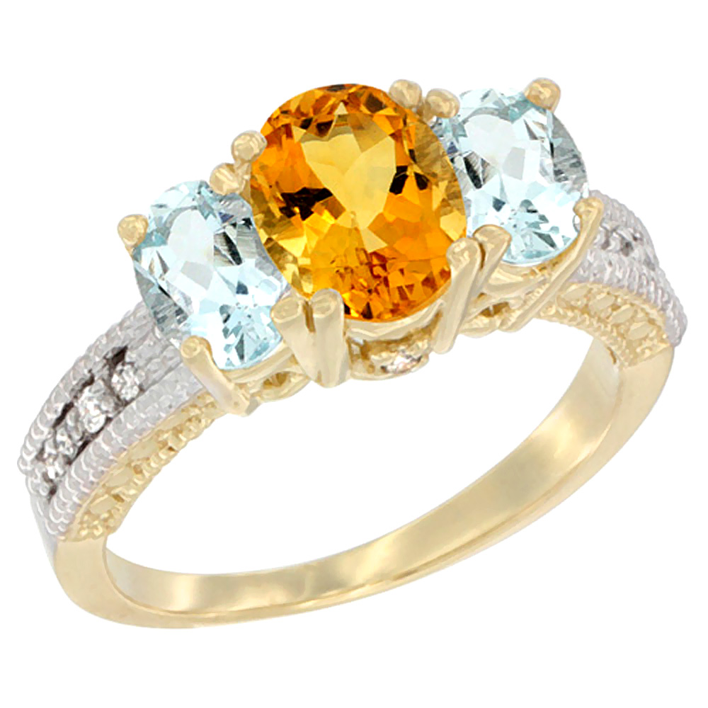 Sabrina Silver 14K Yellow Gold Diamond Natural Citrine Ring Oval 3-stone with Aquamarine, sizes 5 - 10