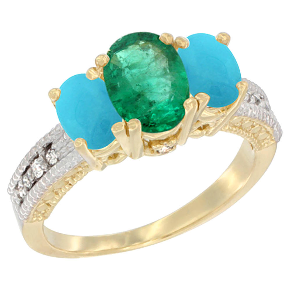 Sabrina Silver 14K Yellow Gold Diamond Natural Emerald Ring Oval 3-stone with Turquoise, sizes 5 - 10