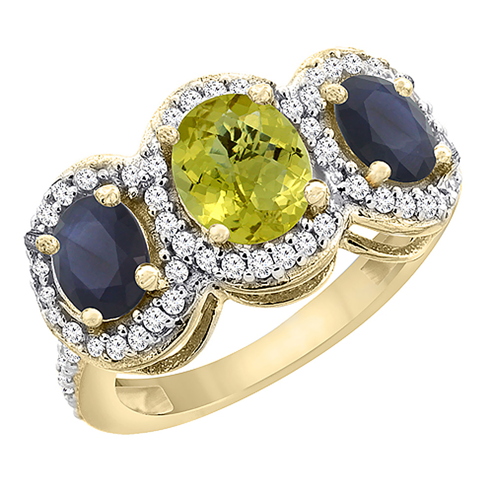 Sabrina Silver 14K Yellow Gold Diamond Natural Lemon Quartz 7x5mm & 6x4mm Quality Blue Sapphire Oval 3-stone Ring,sz5-10