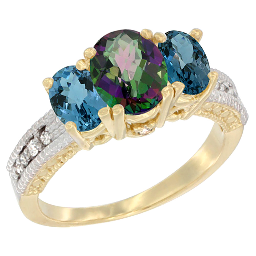 Sabrina Silver 14K Yellow Gold Diamond Natural Mystic Topaz Ring Oval 3-stone with London Blue Topaz, sizes 5 - 10