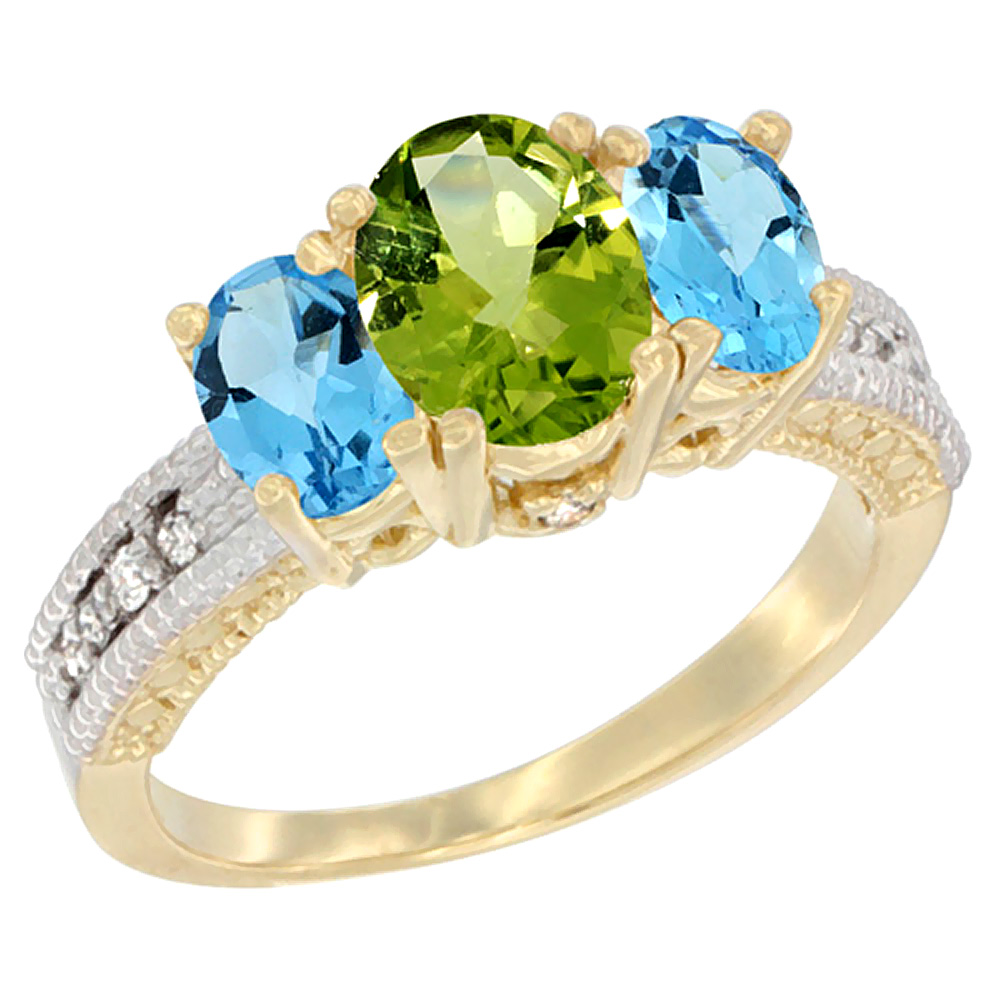 Sabrina Silver 14K Yellow Gold Diamond Natural Peridot Ring Oval 3-stone with Swiss Blue Topaz, sizes 5 - 10