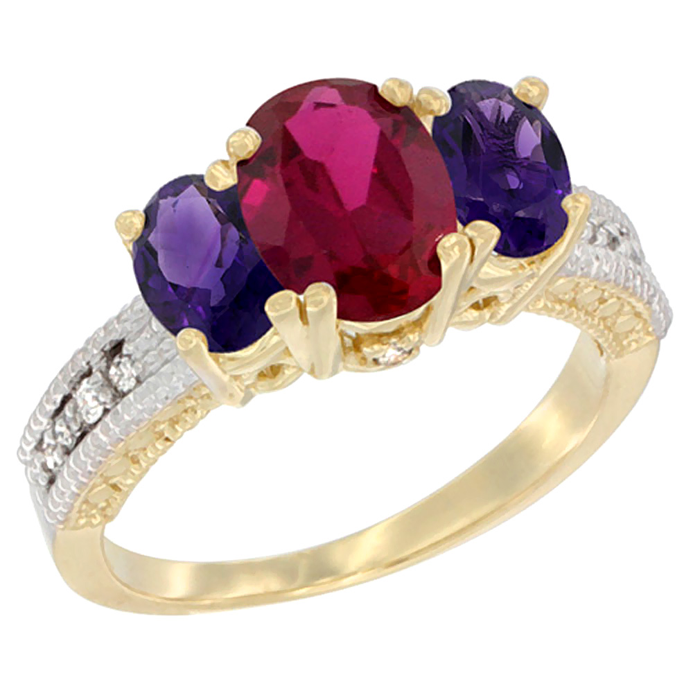 Sabrina Silver 14K Yellow Gold Diamond Enhanced Ruby Ring Oval 3-stone with Amethyst, sizes 5 - 10