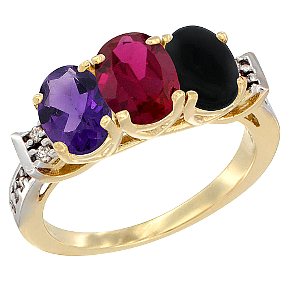 Sabrina Silver 14K Yellow Gold Natural Amethyst, Enhanced Ruby & Natural Black Onyx Ring 3-Stone 7x5 mm Oval Diamond Accent, sizes 5 - 10