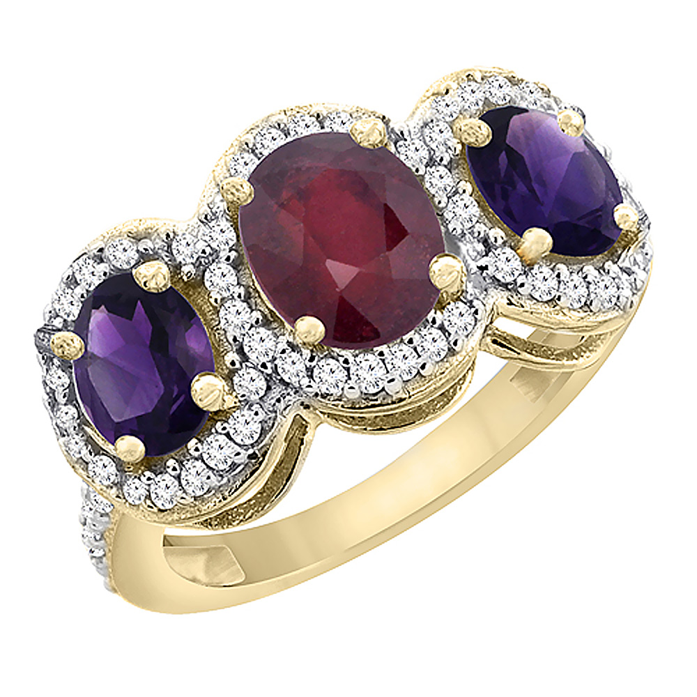 Sabrina Silver 14K Yellow Gold Natural Quality Ruby & Amethyst 3-stone Mothers Ring Oval Diamond Accent, size 5 - 10