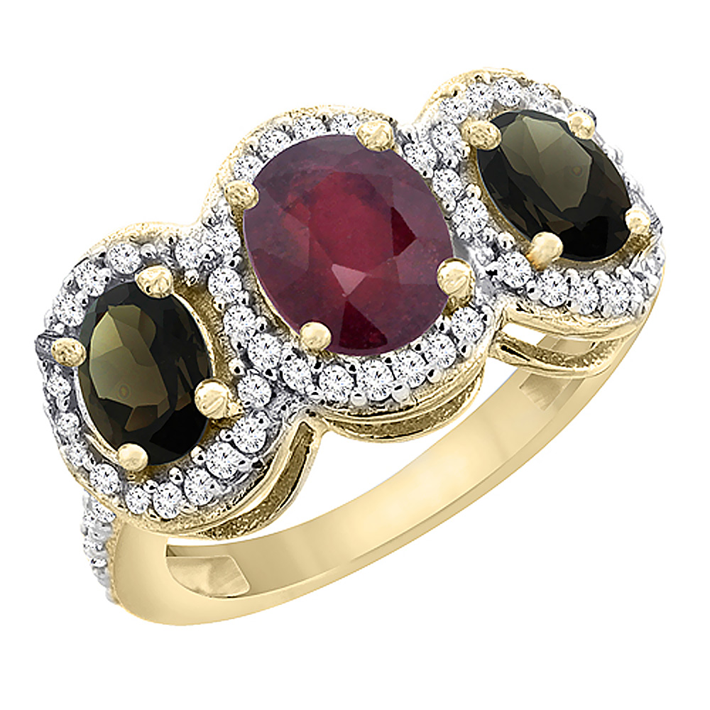 Sabrina Silver 14K Yellow Gold Natural Quality Ruby & Smoky Topaz 3-stone Mothers Ring Oval Diamond Accent, size 5 - 10
